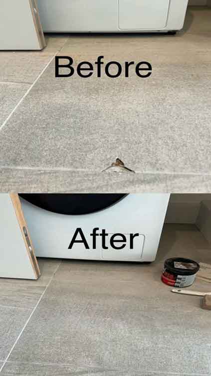 Floor Tile Repair before and after image Floor tile repairs - Wall tile repairs London